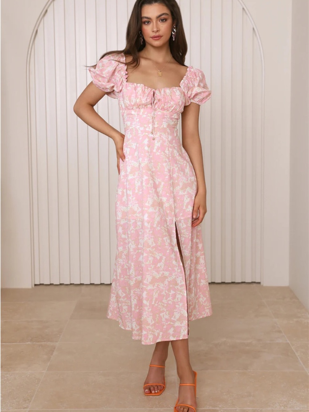 Hello Molly Pink Floral Puff Sleeve Midi Dress
